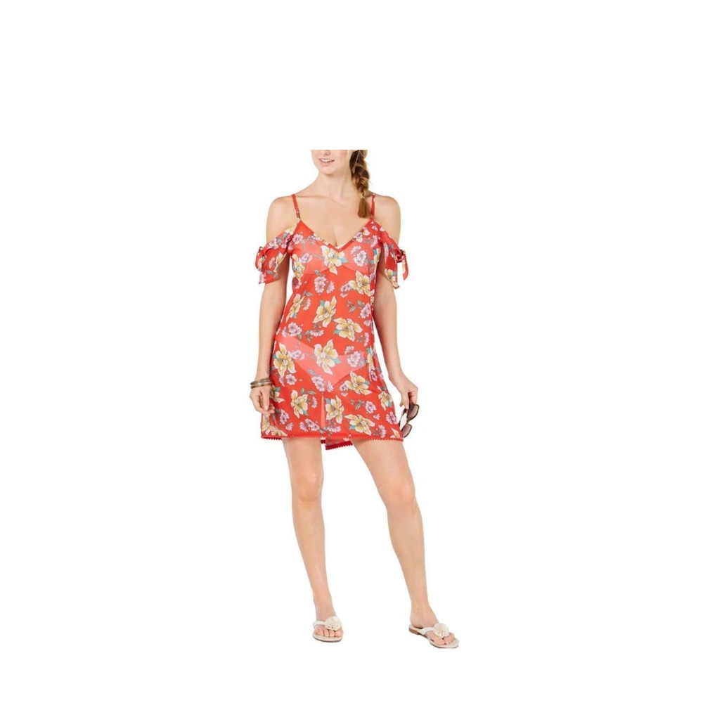 MIKEN Swim Cover-Up Dress 1X Poppy Red Citrus Floral Tie Straps‎ Sheer